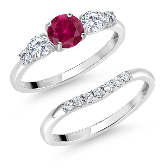 Gem Stone King 10K White Gold Red Created Ruby and White Lab Grown Diamond 5 Stone Bridal Engagement Wedding Ring Set for Women (0.91 Cttw, Round: 5MM and 3MM, Size 5)
