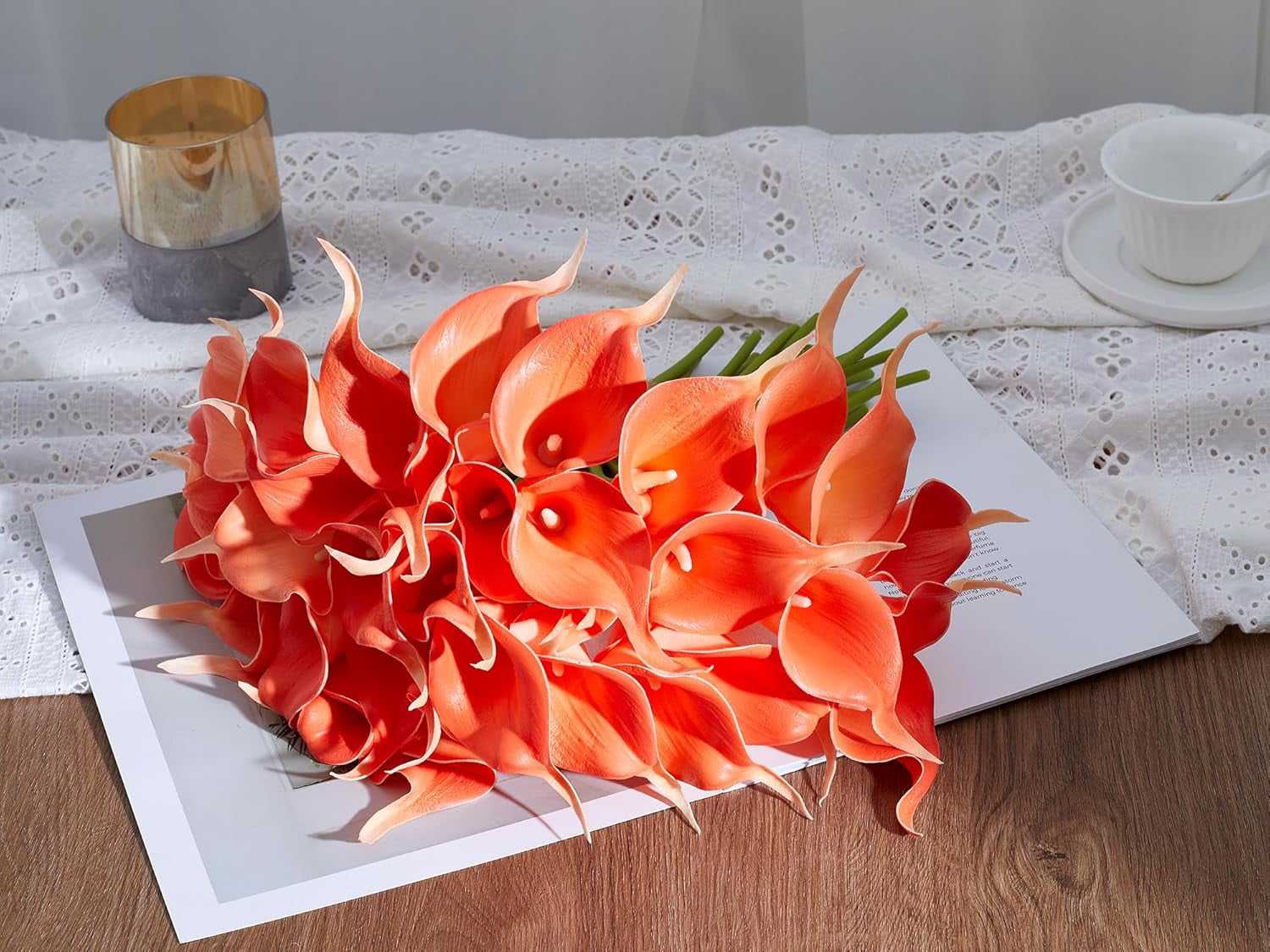 24 Pcs Artificial Calla Lily Flowers Fake Silk Flowers Real Touch for Wedding Bouquet Office Home Kitchen Decor (Coral)