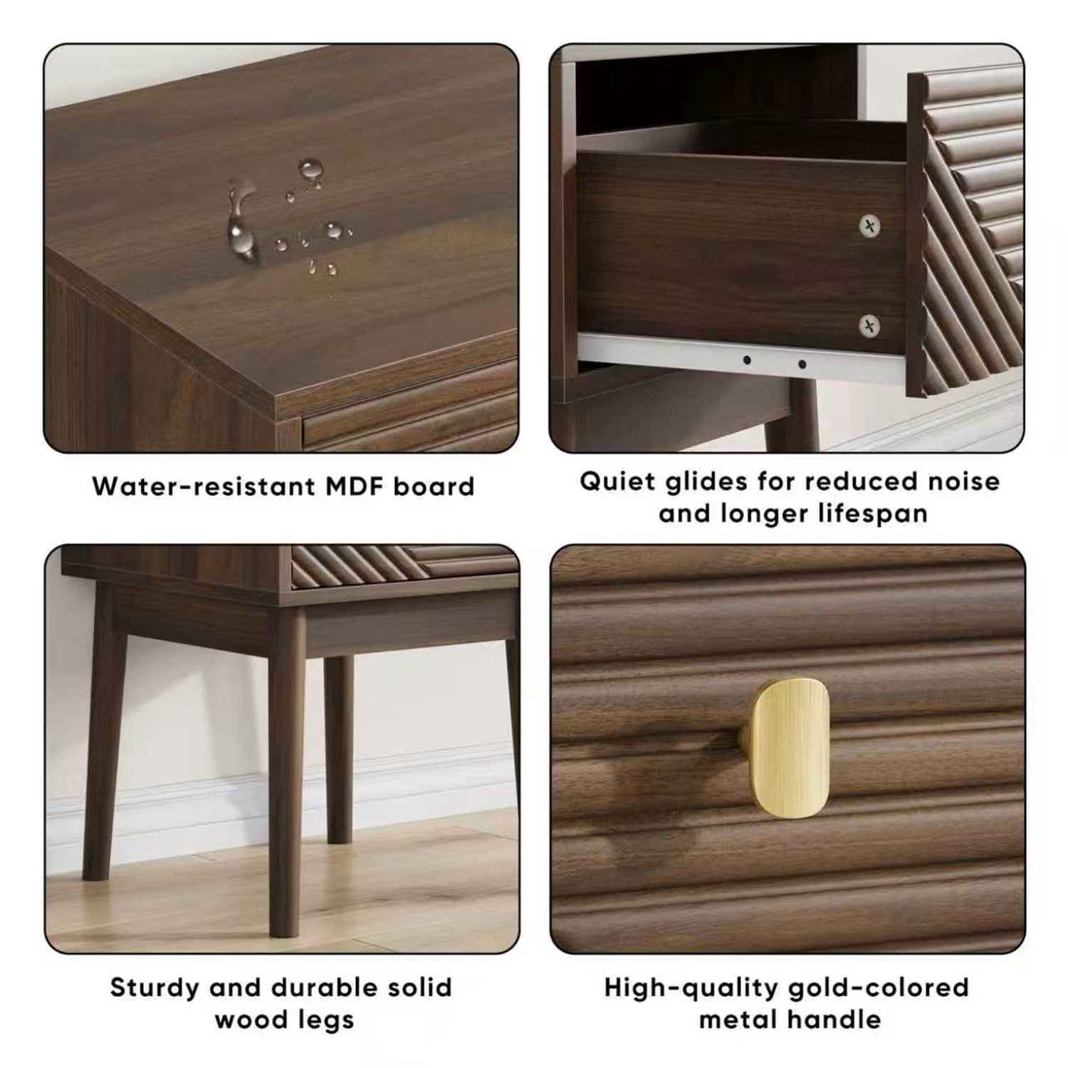 Hommoo Modern Bedside Table Set with Metal Handles, Wooden Nightstand End Table for Living Room, Bedroom, Walnut