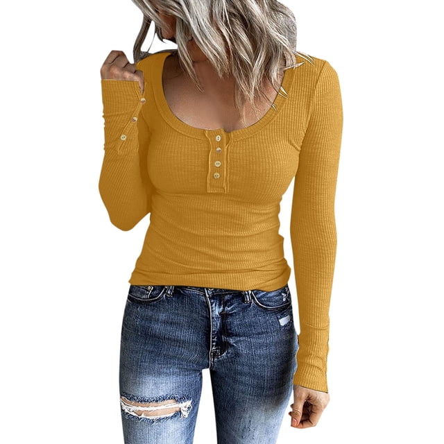 Prolriy - Camisetas de verano para mujer 2024, camisetas Henley de manga larga, camisetas ajustadas con botones y cuello redondo, camisetas de punto acanalado, camisetas para mujer, amarillas, XXL