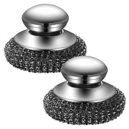 2Pack Steel Dish Scrubber Stainless Brush with Handle for Cleaning Dishes Cast Iron Stock Pots Pans