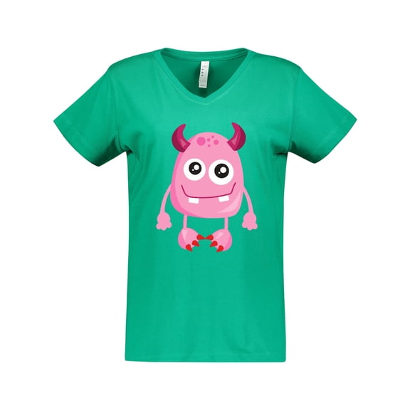 Inktastic Cute Monster, Smiling Monster, Pink Monster, Horns Women's V-Neck T-Shirt