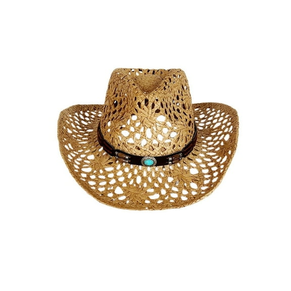 Men Women Cowgirl Hat Hollowed Wide Brim Western Cap with Gem Belt Sun Protection Straw Hat Retro Beach Sun Hat for Outdoor Party