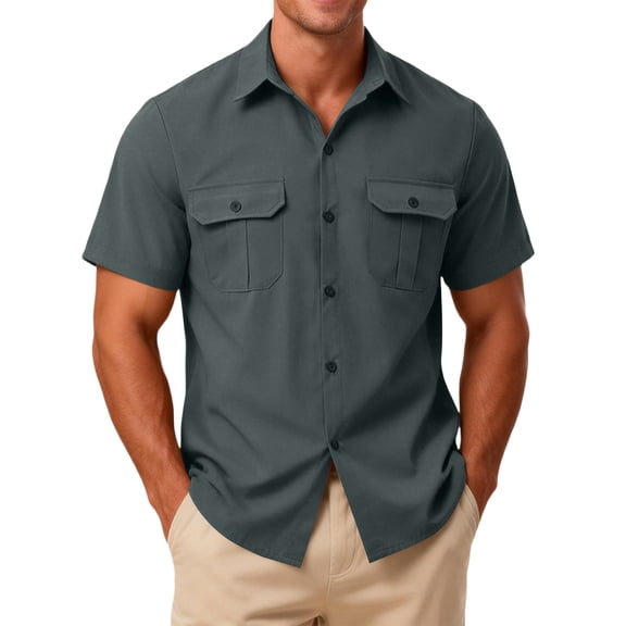LWavelet Men's Short Sleeve Button Down Shirt with Dual Chest Pockets, Lightweight Breathable Quick Dry Work Shirt for Outdoor Casual Summer Wear Gray 3XL
