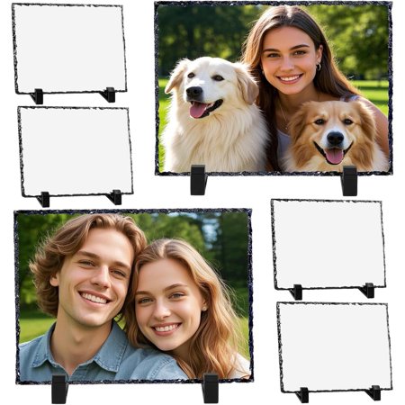 6Pcs Sublimation Slate Blanks, 7.5x5.5In Heat Transfer Rock Photo Plaque, Rock Stone Photo Frames with Display Stand, Rectangular Picture Stone Frame for DIY Personalized Wedding Birthday