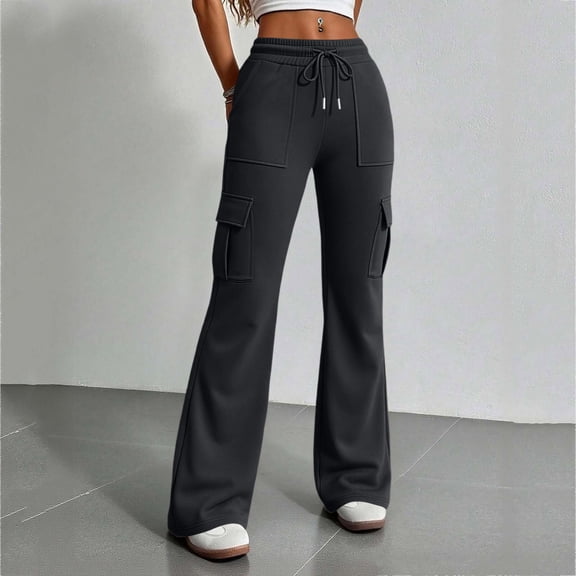 Resicozy Baggy Flare Cargo Pants for Women Hiking Wide Leg Pants with Pockets Y2K Clothes Casual Travel Black M