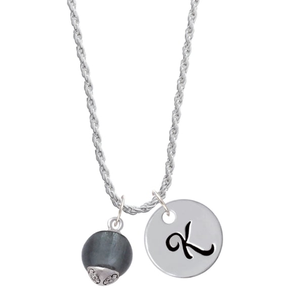 Delight Jewelry 12mm Grey Roller Spinner with Silvertone Lining Glass Spinner Silvertone Script Initial Disc - K - Charm Necklace, 20"+3"