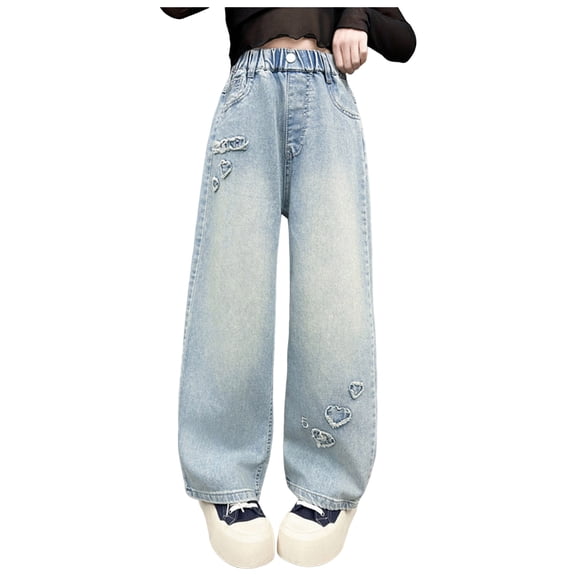 Zanarzt Baggy Jeans Girls' Jeans with Heart Print Wide Leg Loose Jeans Back To School Trousers Casual Denim Trousers for Children Blue,5-6 Years