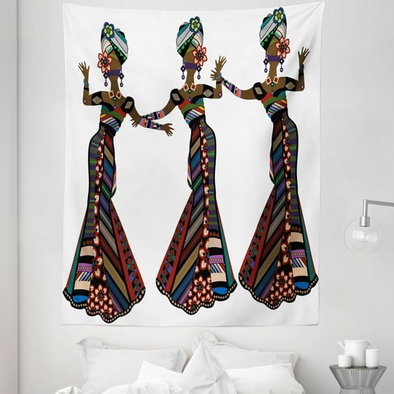 African Tapestry, Young Women in Native Costumes Carnival Festival Theme Dance Moves Print, Fabric Wall Hanging Decor for Bedroom Living Room Dorm, 5 Sizes, Multicolor, by Ambesonne