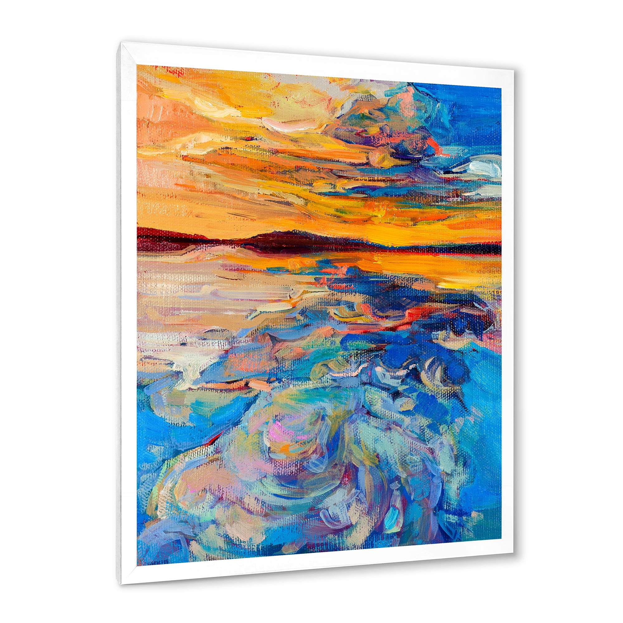 Designart 'Whirly Blue Waves Under Orange Sunset' Nautical & Coastal Framed Art Print