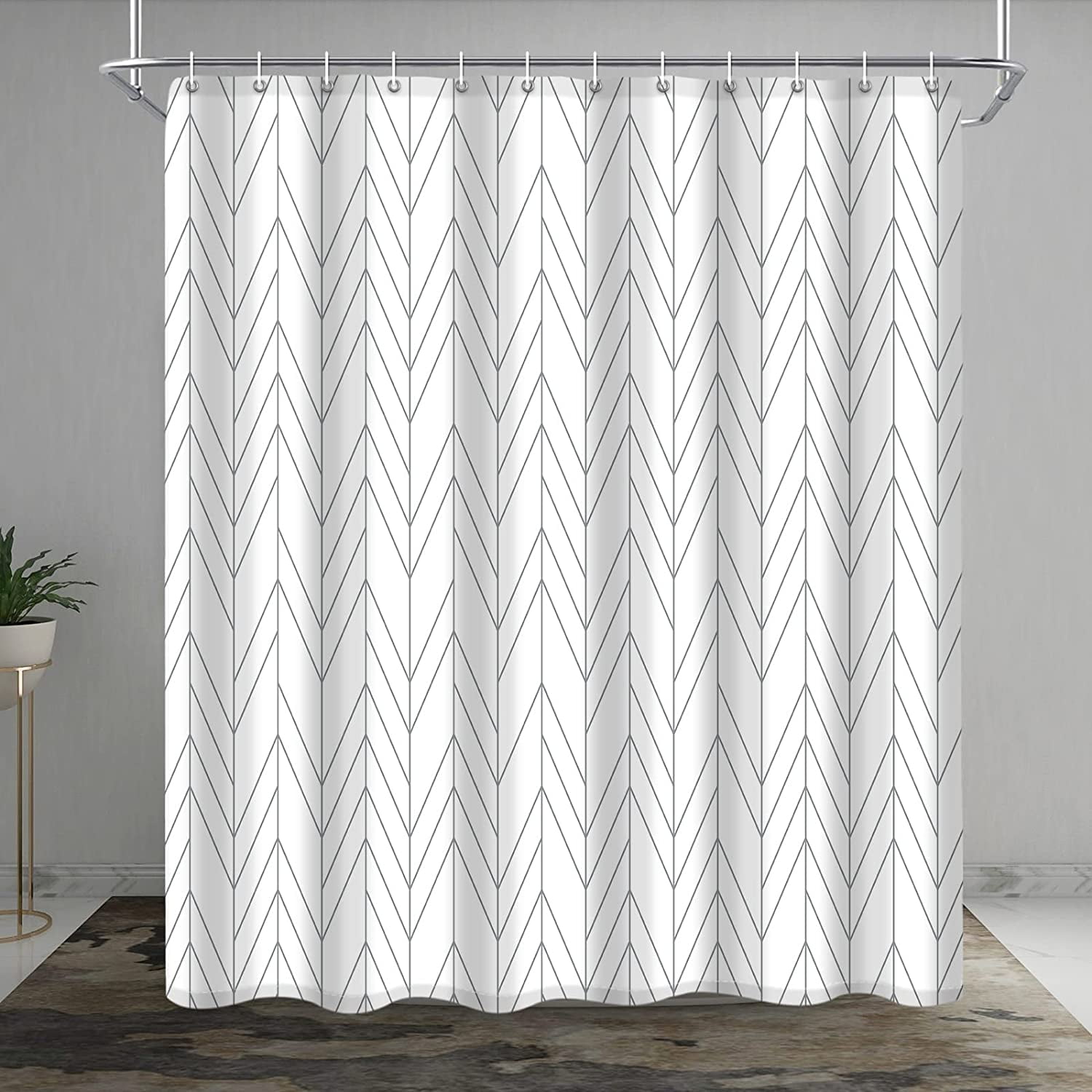 Extra Long Grey and White Shower Curtain for Bathroom, Modern