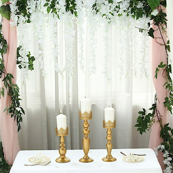 BalsaCircle 3 Pieces Gold Metal Lacy Trim Glass Candle Holders Centerpieces Party