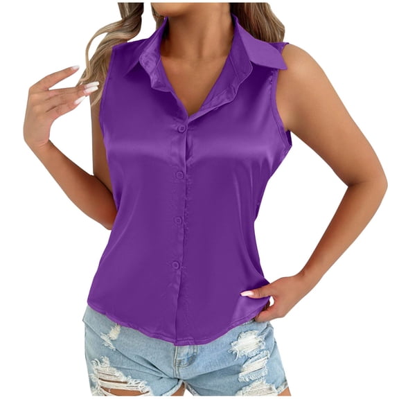 Women’s Sleeveless Button Down Shirts Casual Collared Tank Top V Neck Summer Blouses Work Office Satin Tops