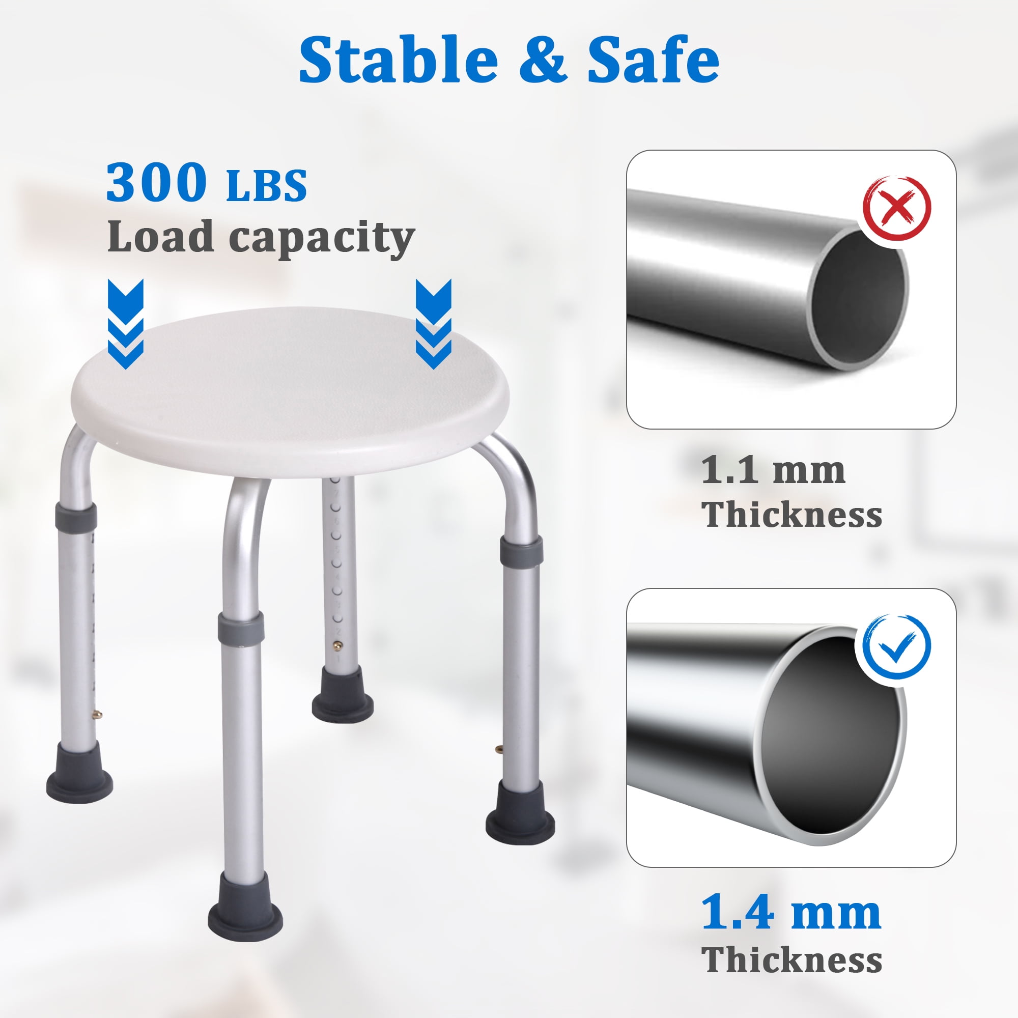 YYAo Shower Stool, Shower Chair Bench with Adjustable Heights and Non-Slip Rubber for Safety and Stability, White