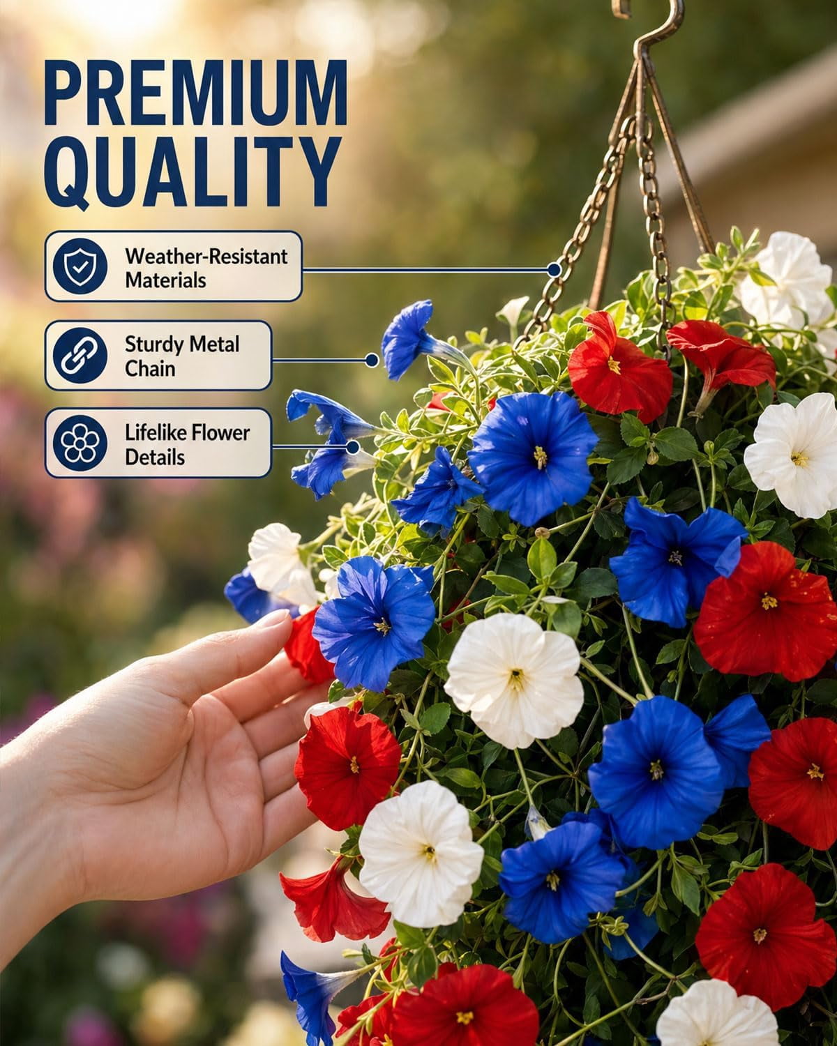 2PCS Red White Blue Artificial Hanging Flowers Outdoor, 250th Anniversary Patriotic Fake Flowers for 4th of July Independence Memorial Day Garden Yard Porch Patio Home Decor(C)