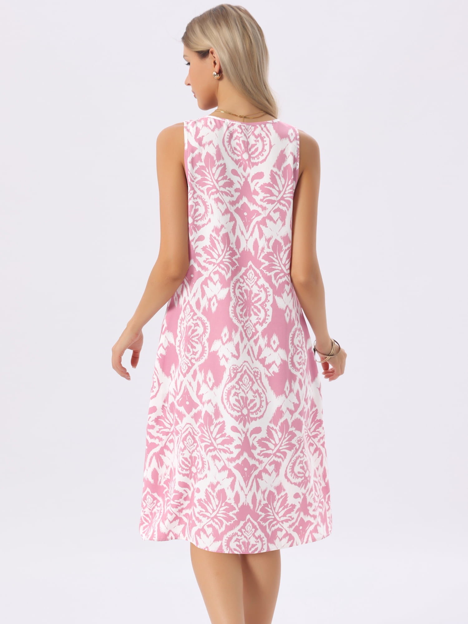 DARING DIVA Sleeveless Crewneck Print Midi Tank Dress Large Dusty Pink