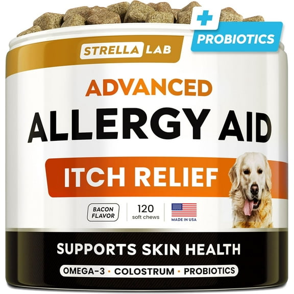 Advanced Allergy & Itch Relief Dog Chews with Fish Oil Omega 3 & Probiotics - Itchy Skin Relief - Immune Supplement - Skin and Coat Health - Anti-Itch & Hot Spots - Made in USA - Bacon Flavor Treats