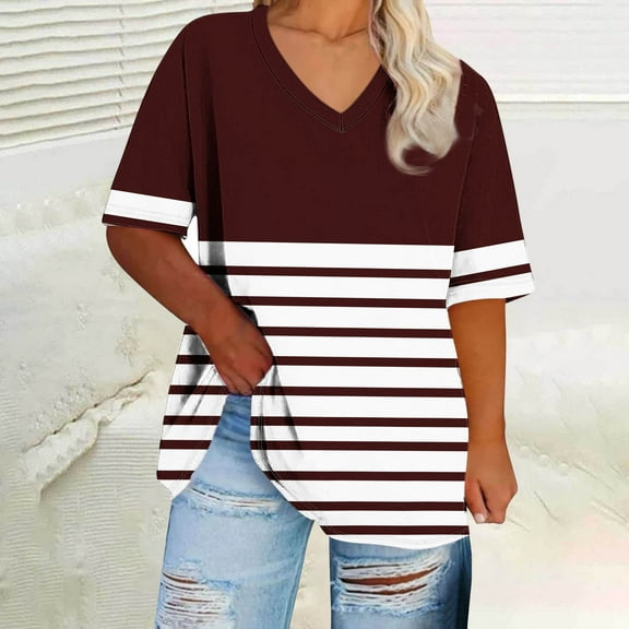FDGIU Women's Plus Size Summer Tops 2025 - Casual Color Block V-Neck T-Shirts, Loose Fit Short Sleeve Trendy Tees