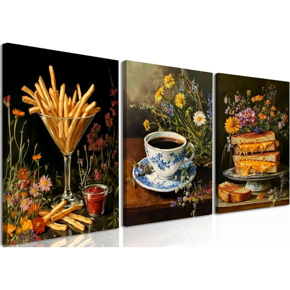 Food Kitchen Wall Art, Colorful Dining Room Cheese Coffee Fries Wall Decor Paintings, Vintage Dark Flower Kitchen Poster Canvas Prints Aesthetics Artwork（Only canvas）