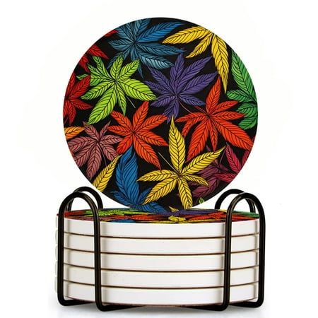 

Bahomeck Drink Coasters Set Of 6 With Holder Colorful Leaves In Different Colors And Sizes Water Absorbent Ceramic Coasters Tabletop Protection Suitable For Various Cup Home Decor