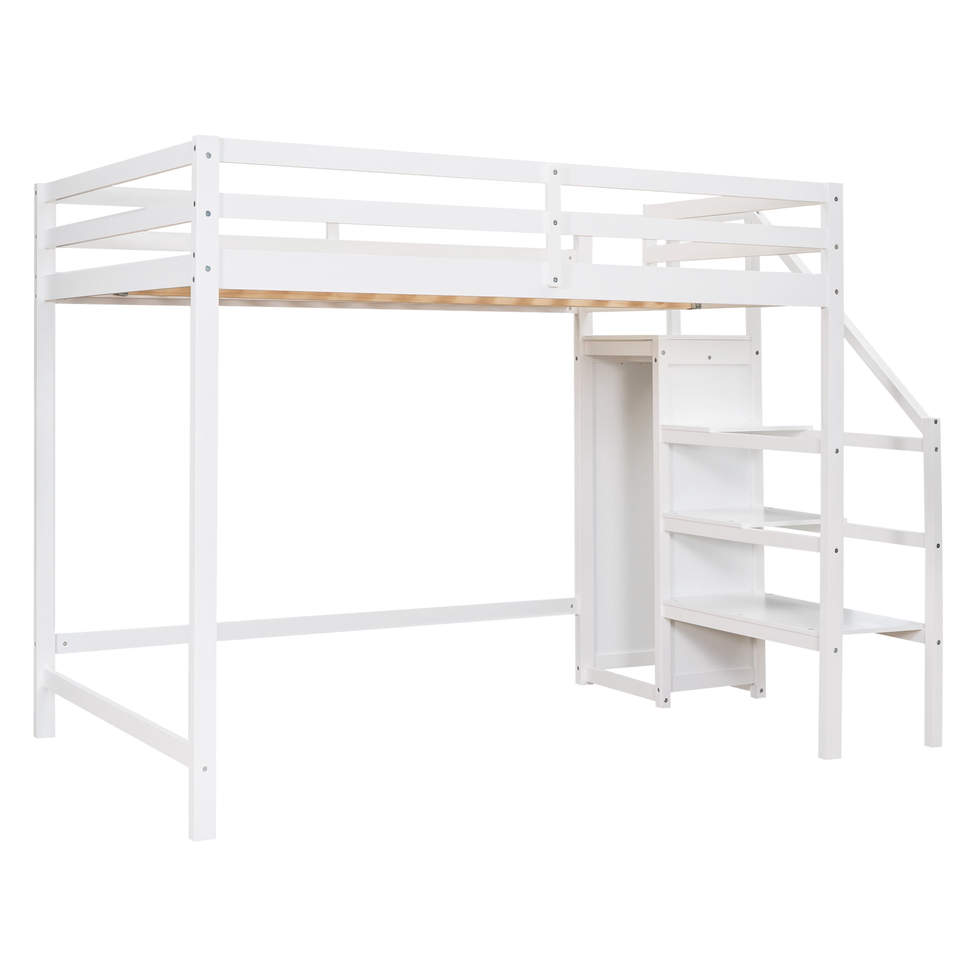 Aukfa Full Loft Bed with Built-in Storage Wardrobe, Solid Wood Bed Frame with Staircase for Kids Adults - White