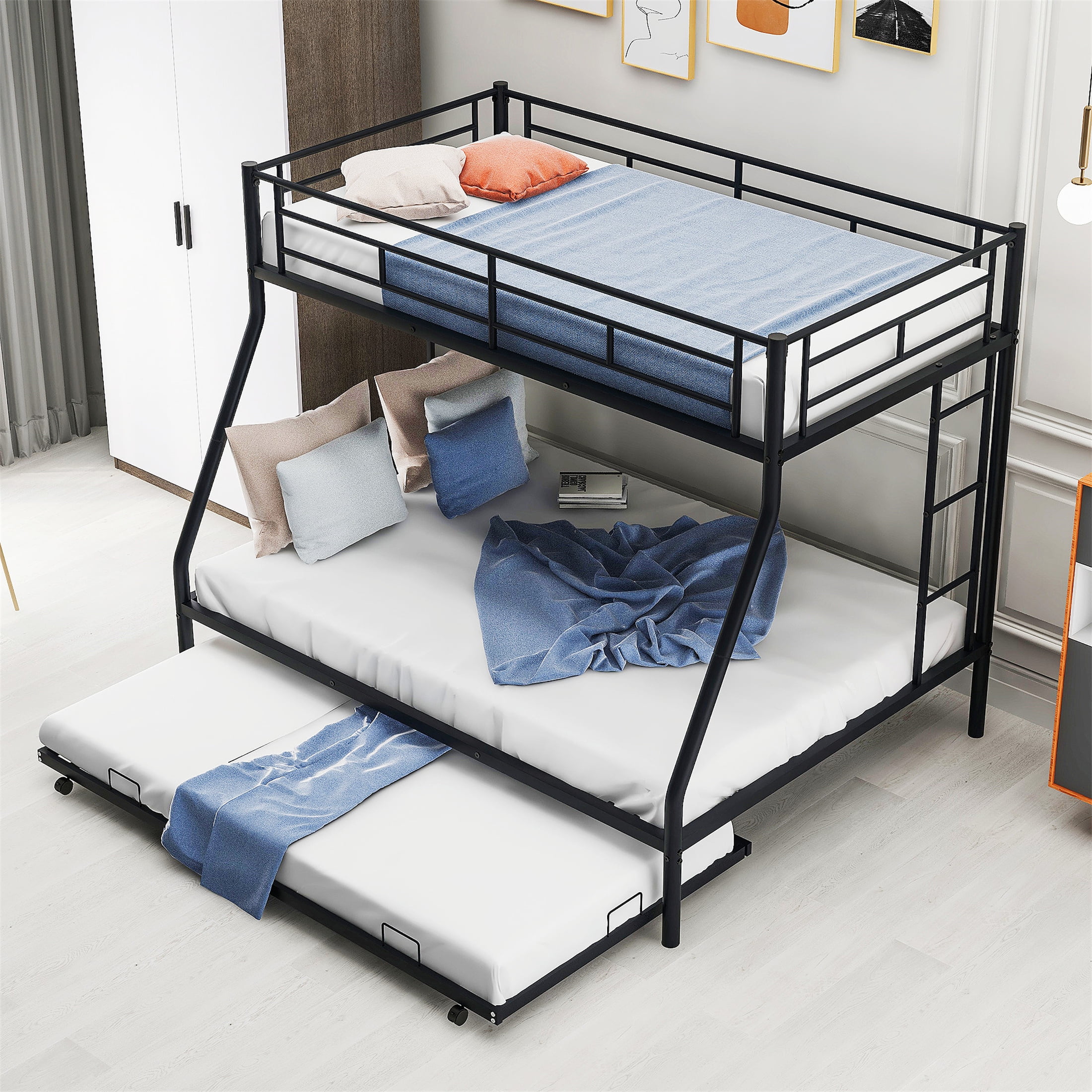 Aukfa Triple Bunk Bed, Twin over Full Bunk Bed with Trundle, 2 Ladders, Black