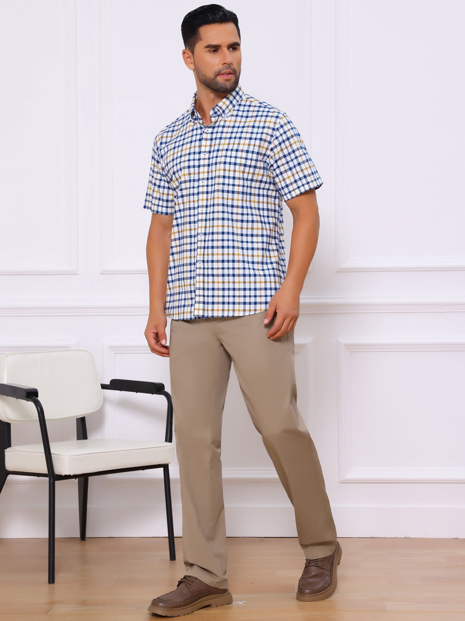DARING DIVA Men's Point Collar Short Sleeve Button Business Plaid Shirts XL Blue Yellow