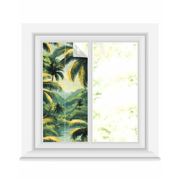 Window Privacy Film Summer Palm Tree Stained Glass Window Film Decorative Sun Block Window Cover Tropical Plant Leaves Nature Landscape Window Clings Static Adhesive Sticker for Bathroom 19.6"x39.3"