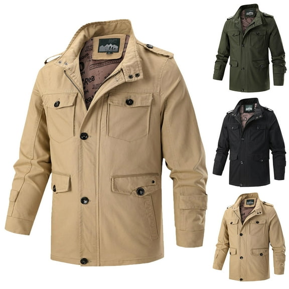 Hinvhai Men's Winter Jacket with Multi Pockets Zip Front Thick thermal Fleece Lined Coat Work Cargo Jacket for Men Khaki 8(XL)