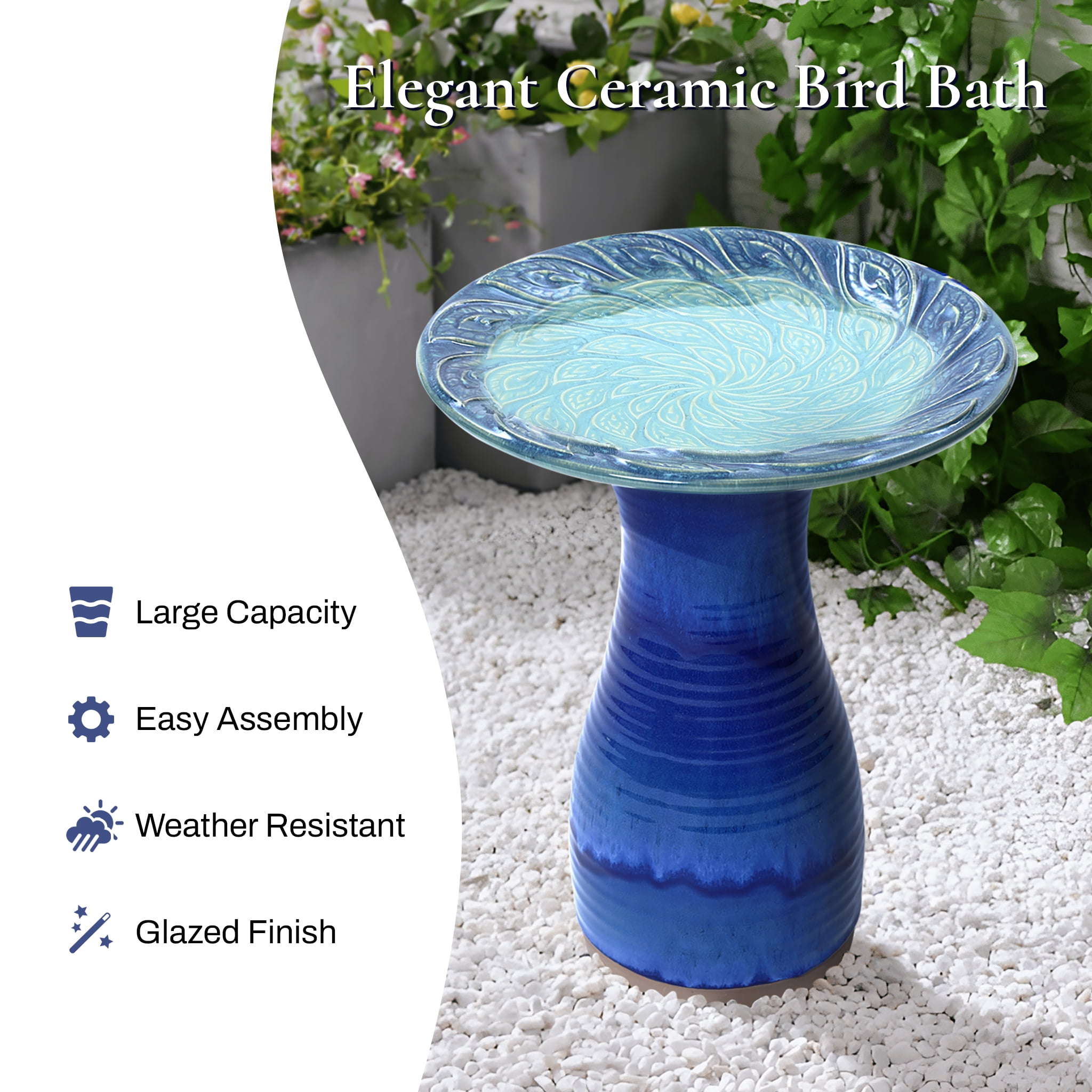 LuxenHome 20 Inch Ceramic Bird Bath for Outside, Elegant Tall Outdoor Bird Bath with Leaf Pattern