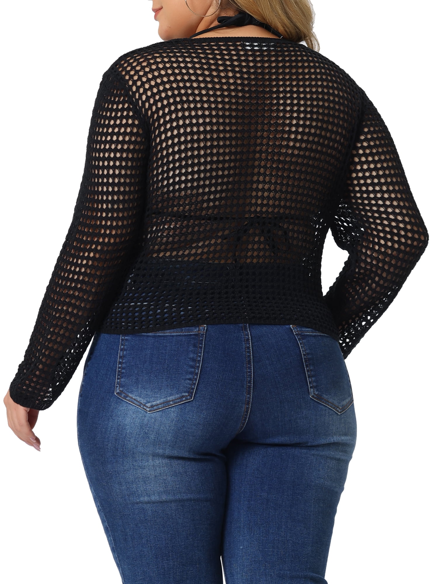 Unique Bargains Women's Plus Size Knitted V-Neck Ruched Cross Hollow Out Long Sleeve Tops 4X Black