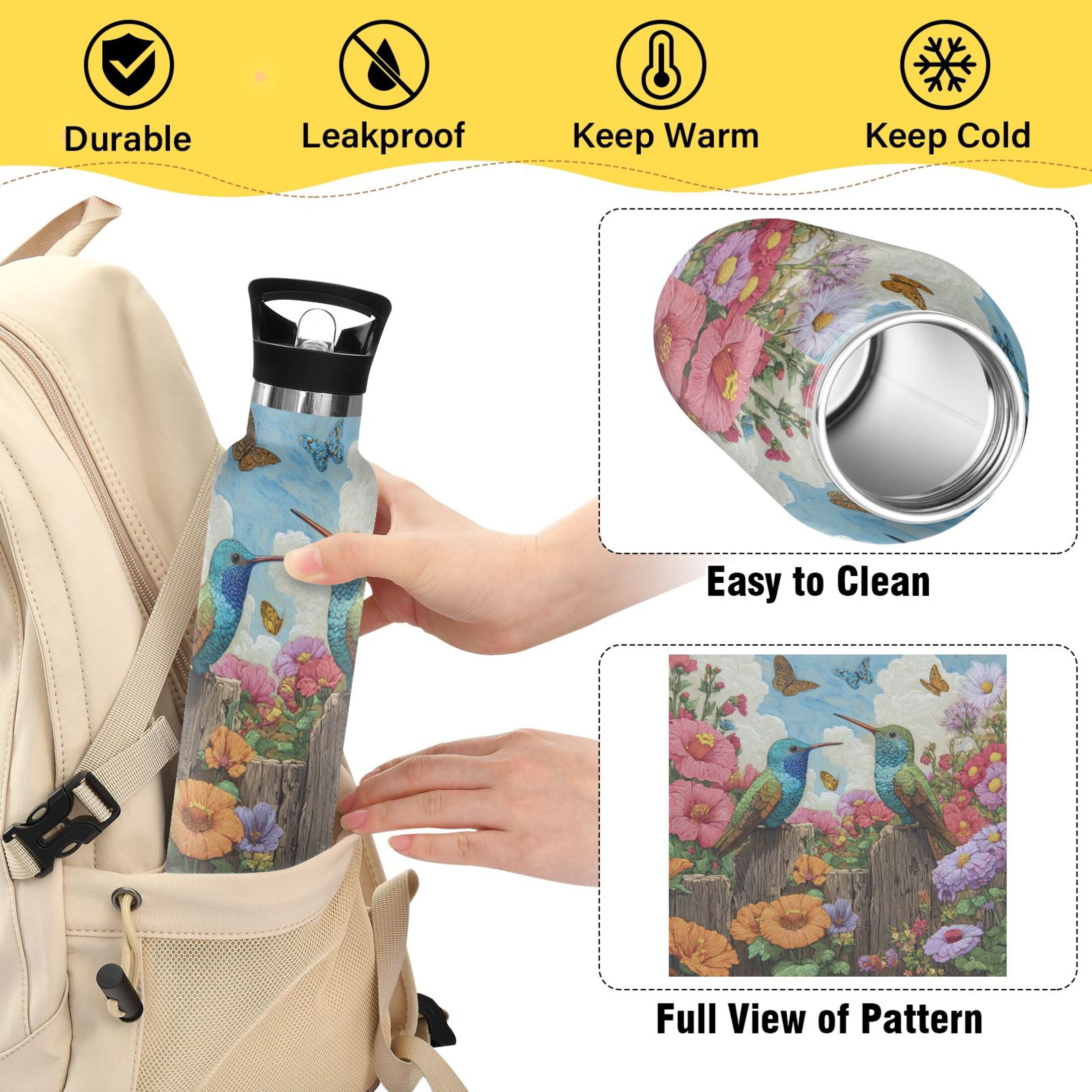 Kids Insulated Stainless Steel Sports Water Bottle 600ml (20oz) Hummingbirds and Flowers