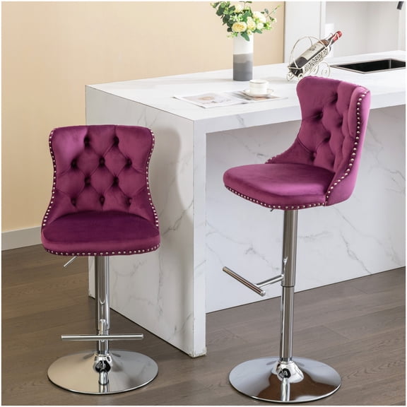 Adjustable Swivel Bar Stools with Backs, Purple Velvet Upholstered Seat, Chrome Base Kitchen Counter Stools, Set of 2