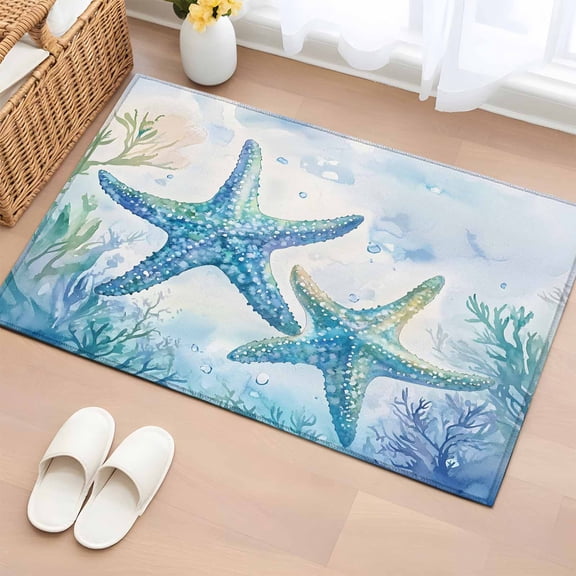 2x3 Ft Entryway Area Rug, Teal Blue Summer Coastal Kitchen Rug Runner Washable Floor Mat, Ocean Watercolor Coral Starfish Non Slip Indoor Door Mat Throw Carpet for Bathroom Living Room Bedroom