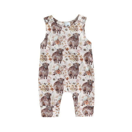 

Licupiee Newborn Baby Girl Boy Sleeveless Cartoon Romper Western Cow Bodysuit Jumpsuit Animal Onesie Outfit Summer Clothes