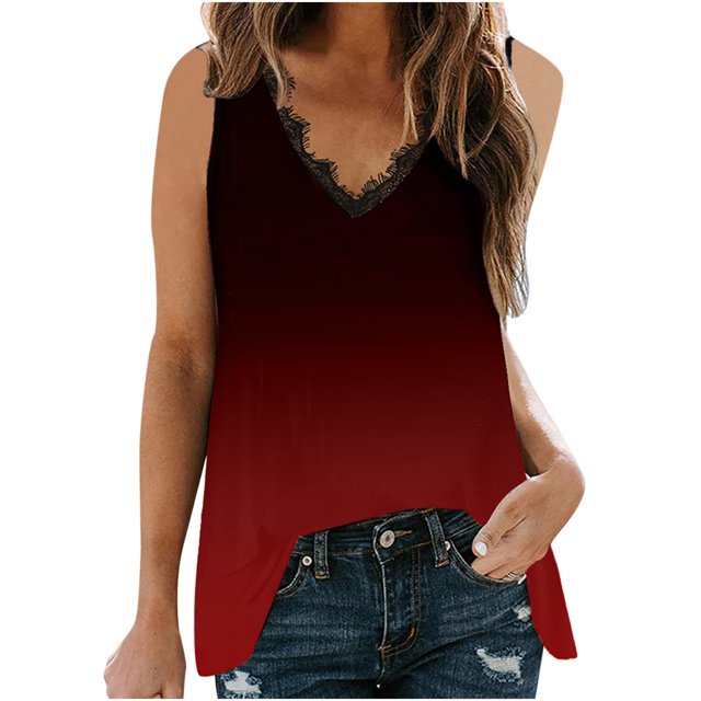 Blusa sin mangas con estampado de día de la independencia de patchwork de encaje con cuello en V de verano para mujer Pompotops lopia999029