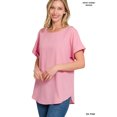 thumbnail image 2 of Zenana Women's Round Neck Heavy Woven Boat Neck Rolled Short Sleeve Blouse Top, 2 of 5