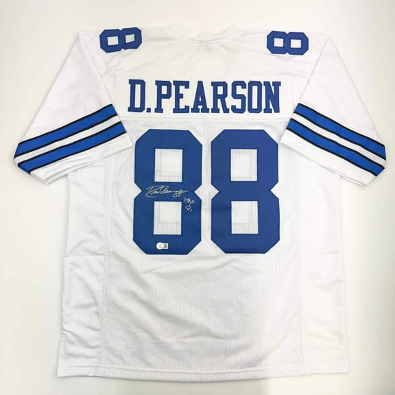 Autographed/Signed Drew Pearson HOF 21 Dallas White Football Jersey Beckett BAS COA