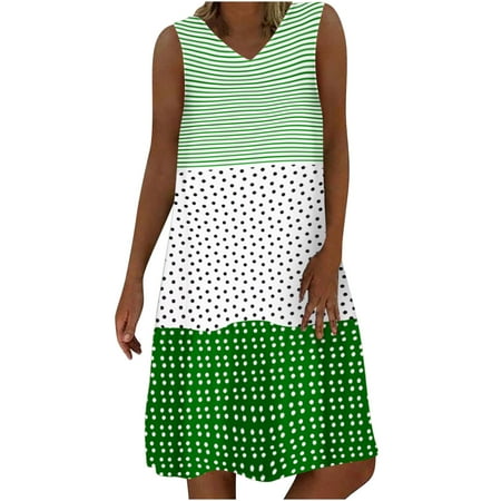

YanHoo Sundresses for Women 2023 Stripe Dot Patchwork V Neck Sleeveless Tank Dress Loose Summer Beach Sundress