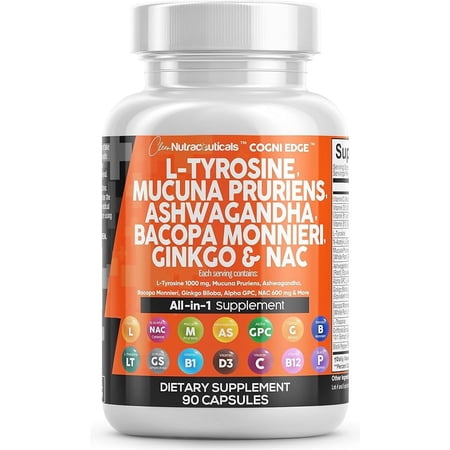 Clean Nutraceuticals L Tyrosine 1000mg Mucuna Pruriens 6000mg Bacopa Monnieri 500mg Ashwagandha 4000mg Focus Supplement w/N-Acetyl Cysteine 600mg NAC 5-HTP Ginkgo Biloba Alpha GPC Vitamin C D B1 B12
