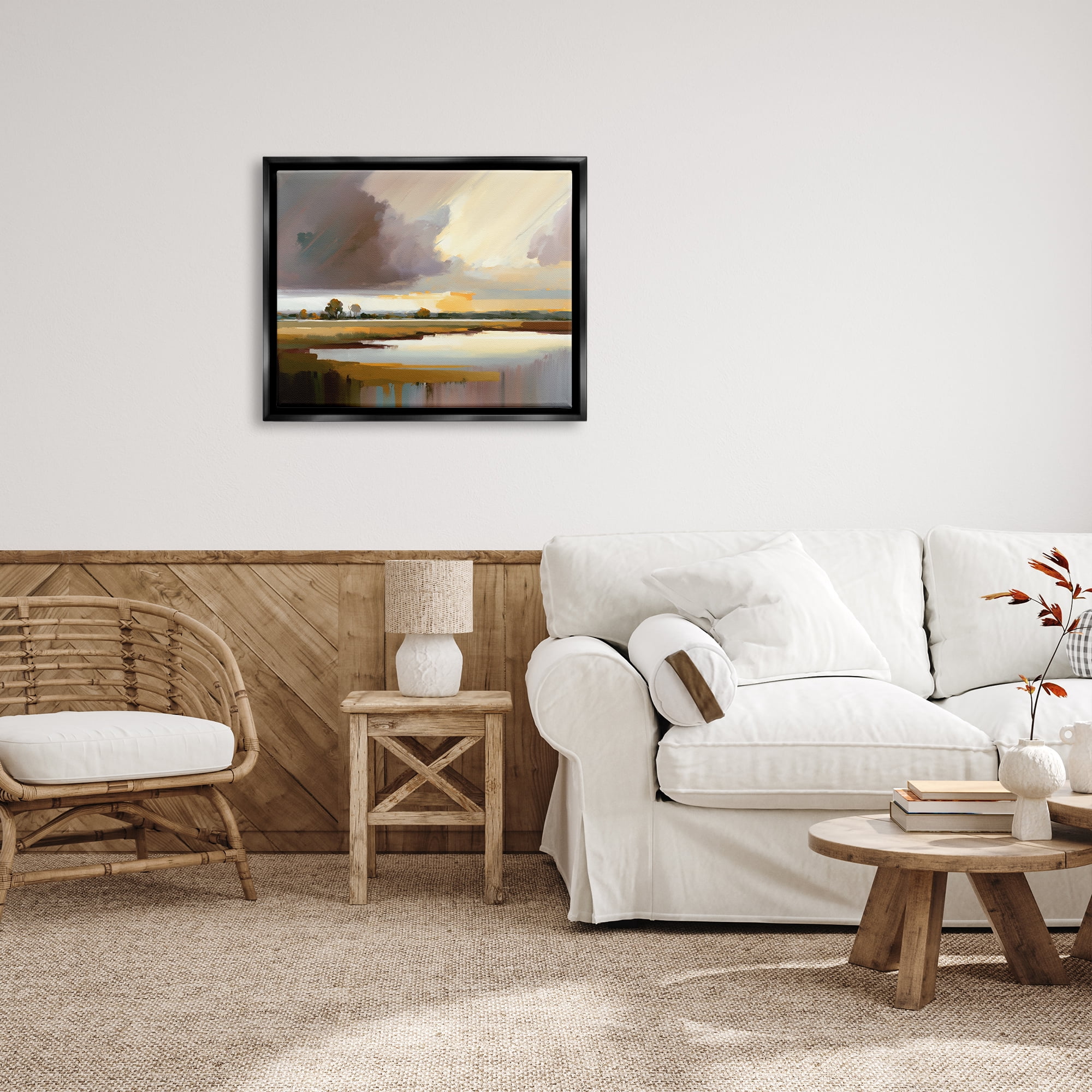 Stupell Industries Abstract Lake Painting Nature Painting Black Floater Framed Art Print Wall Art, 31 x 25