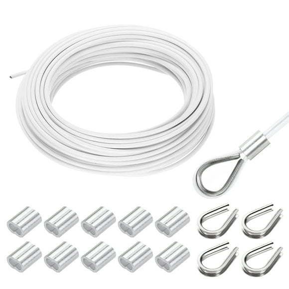 Uxcell 66FT Stainless Steel Cable Railing Kit, 1/8" Vinyl Coated 7x7 Strand Wire Rope with Loop Sleeves and Thimbles White