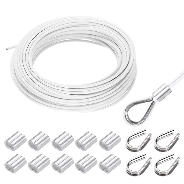 Uxcell 66FT Stainless Steel Cable Railing Kit, 1/8" Vinyl Coated 7x7 Strand Wire Rope with Loop Sleeves and Thimbles White