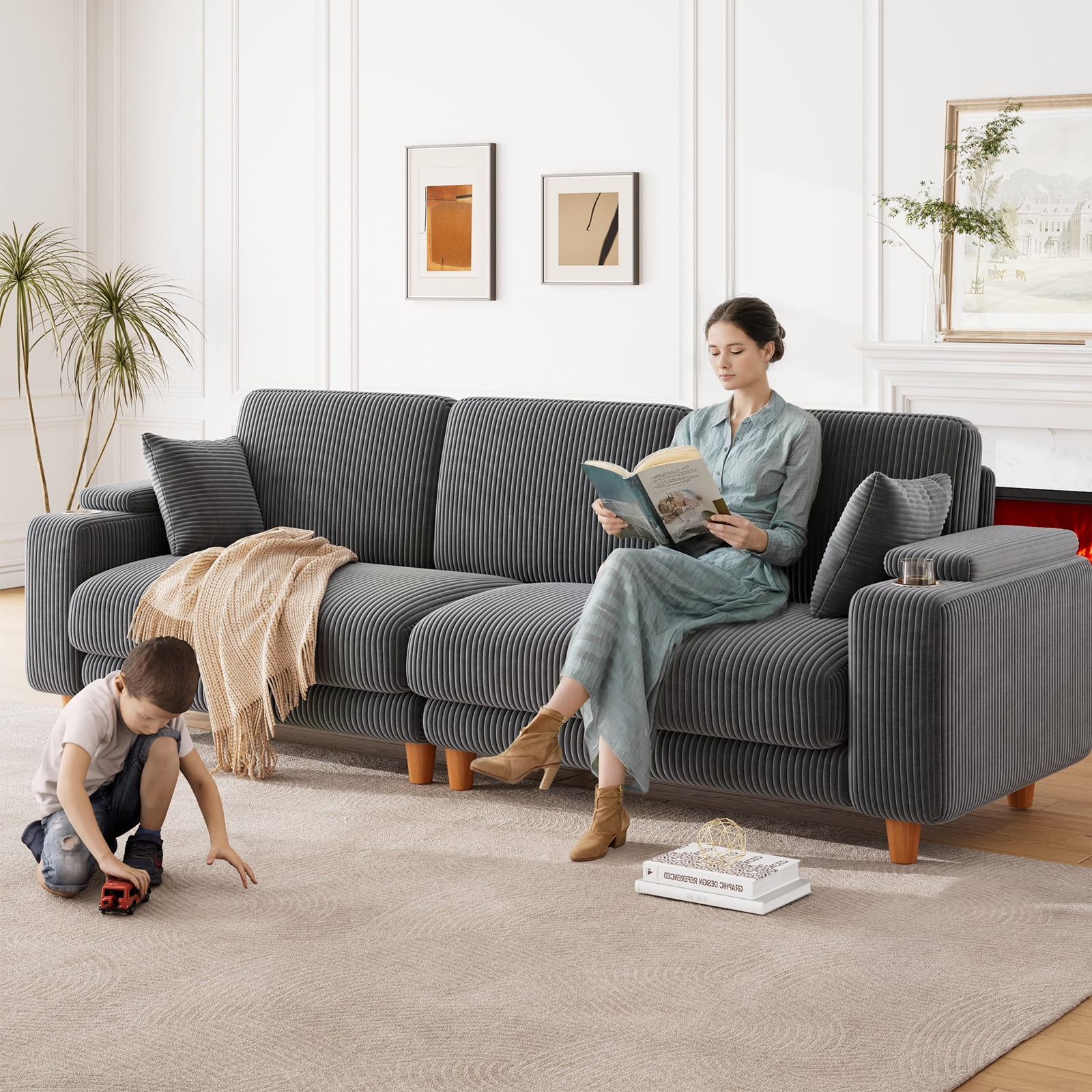 Patbrela 101" Oversized Corduroy Sofa with Storage, 24" Extra Deep Seat Couch, Comfy Upholstered with Cup Holder, 2 Pillows, Gray