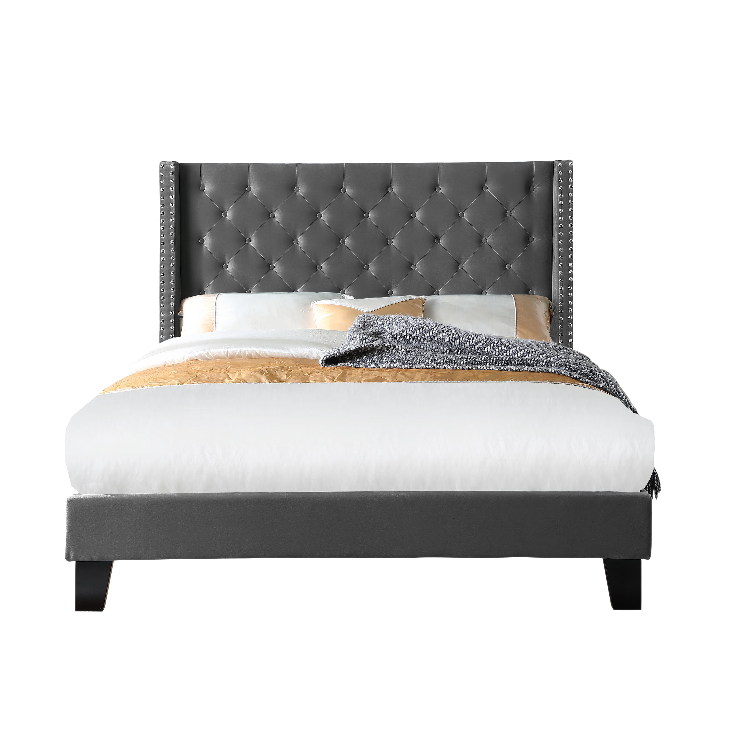 AC Pacific Full Modern Upholstered Platform Bed with Nailhead Trim, Gray