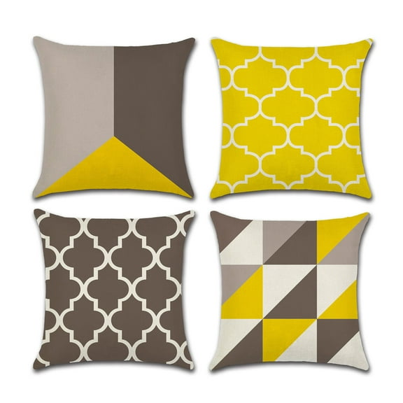 Set of 4 Pillow Covers 18x18, Yellow Geometric Gray Pattern Style, Cotton Linen Fabric Decorative Indoor / Outdoor Throw Pillow Case Set 45x45cm
