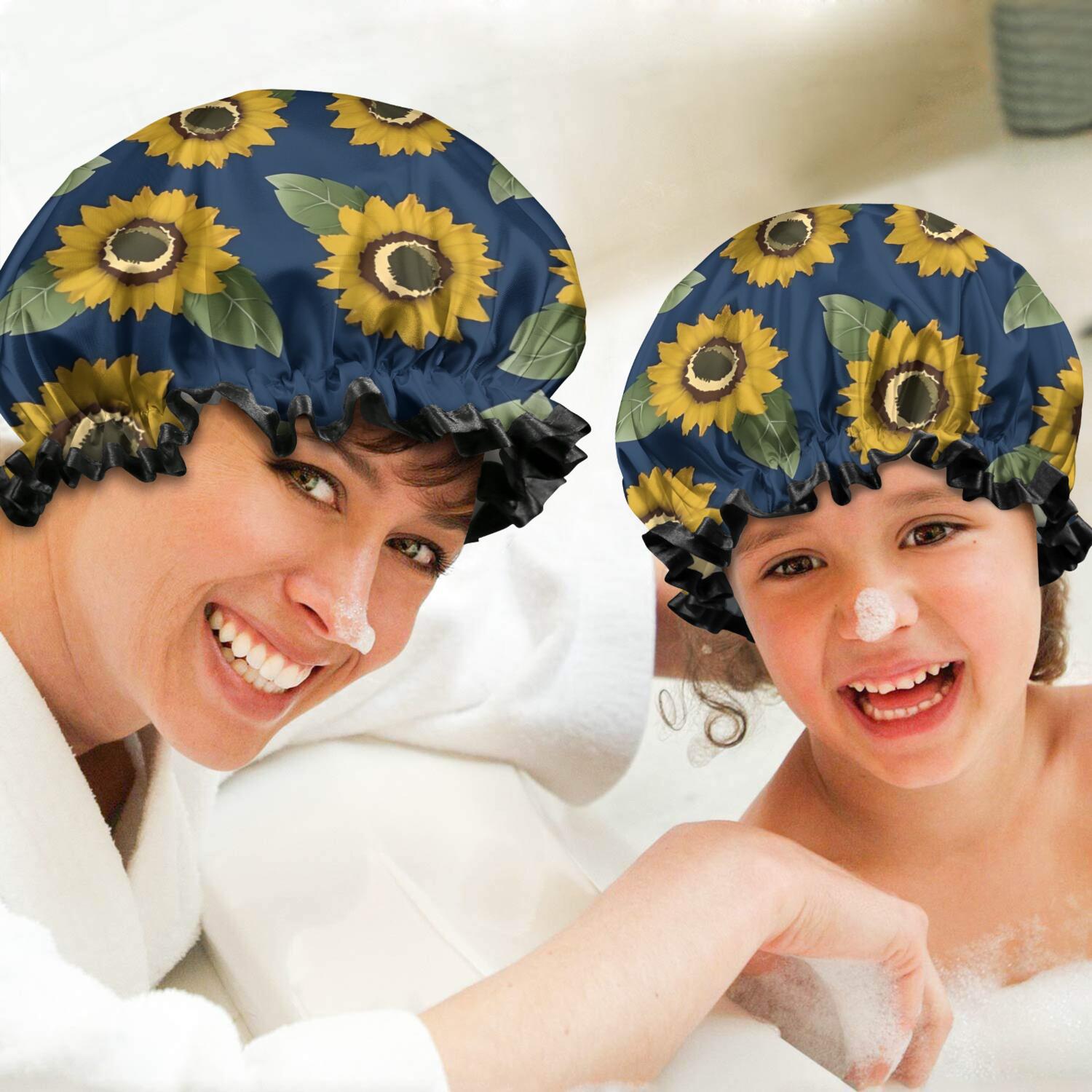 Shower Caps,Blue Sunflower Leaf Pattern Waterproof Shower Cap for Women 4 Pieces,Double Reusable Hair Cover for Shower PEVA Elastic Stretch Hem