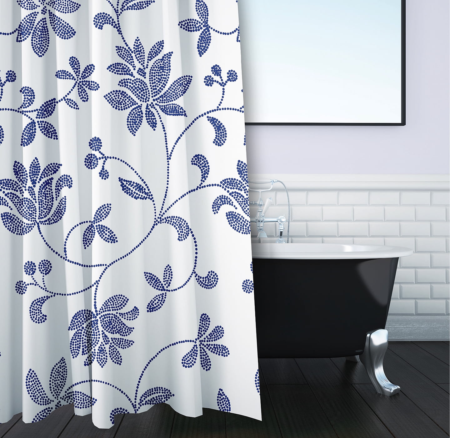 Simply Daisy 70" W x 73" L Traditional Floral Polyester Shower Curtain, Porcelain Blue [1 Ct]