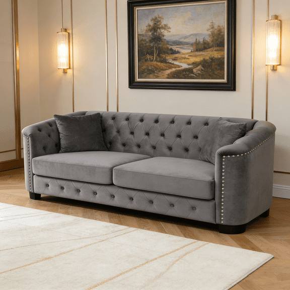 77" Modern Chesterfield Velvet 3-Seater Sofa with Tufted Backrests and Nailhead Arms | Upholstered Couch with 2 Cushions for Living Room, Bedroom, Apartment, Office