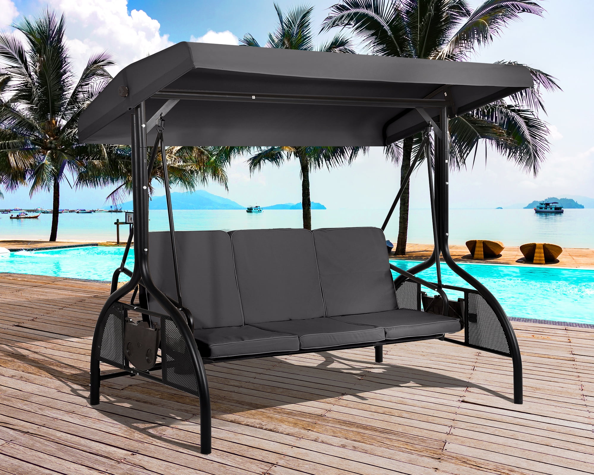 Haverchair Heavy Duty 3 Seat Outdoor Garden Swing Adjustable Canopy Detachable Cushions Foldable Tray Gray Walmart